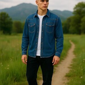 Men's Wrangler Classic Long Sleeve Blue Denim Button‎ Up Shirt Big & Tall 3XL